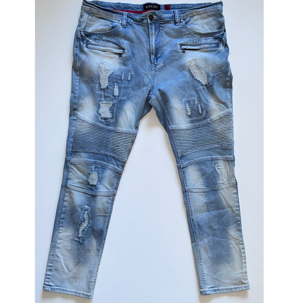 MAKOBI Prado Biker Jeans Light Wash Distressed Moto Rip & Repair Slim Fit 42x32